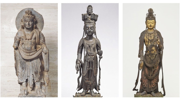 左:菩薩立像 (2世紀、パキスタン・ガンダーラ)、中央:重文 十一面観音菩薩立像(7世紀、中国)、右:重文 菩薩立像(13世紀、日本)※いずれも東京国立博物館所蔵