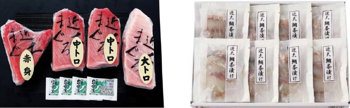 黒門市場<新魚栄>近大マグロセット(左)、黒門市場<新魚栄>近大鯛茶漬けセット(右)
