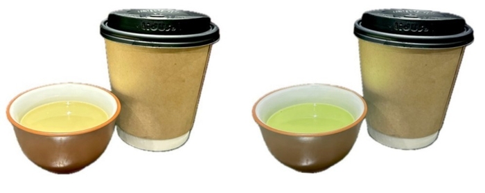 「ほうじ茶ラテ」(左)、「抹茶ラテ」(右) ※茶碗は付かず、テイクアウト用カップで提供します