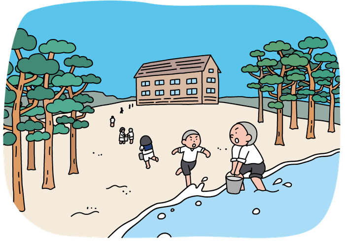 過去大浜海岸でのバケツリレーのイメージ