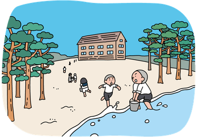 過去大浜海岸でのバケツリレーのイメージ