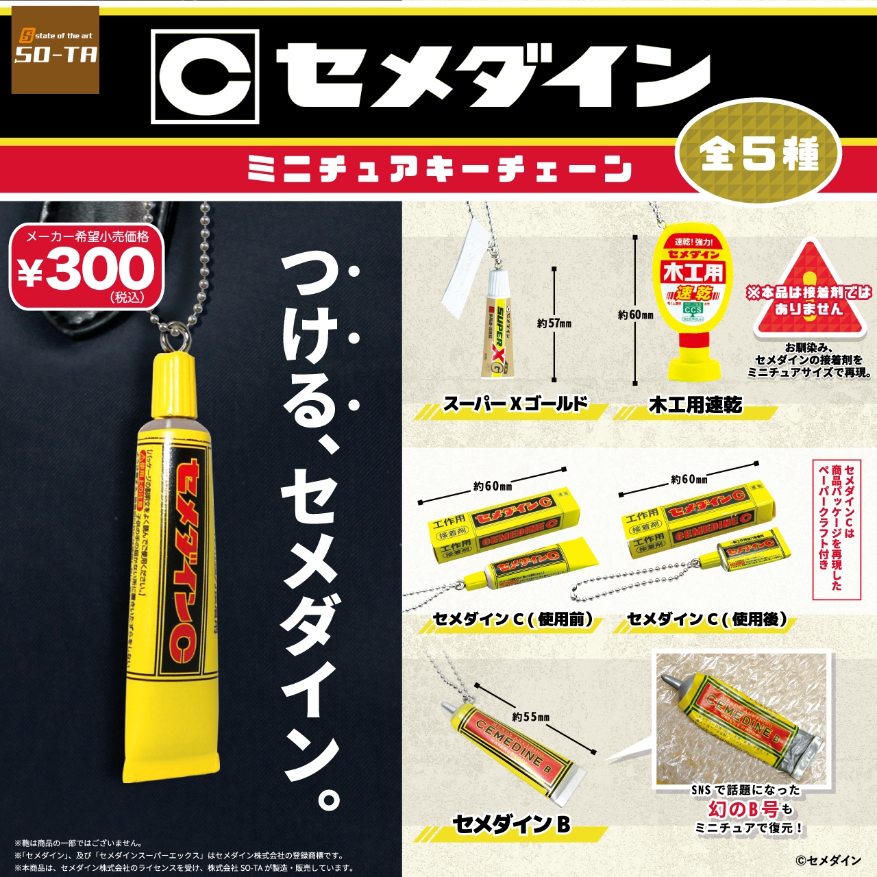 ↑SO-TAの新商品「(C)セメダインミニチュアキーチェーン」全5種類 価格300円(税込)/1回