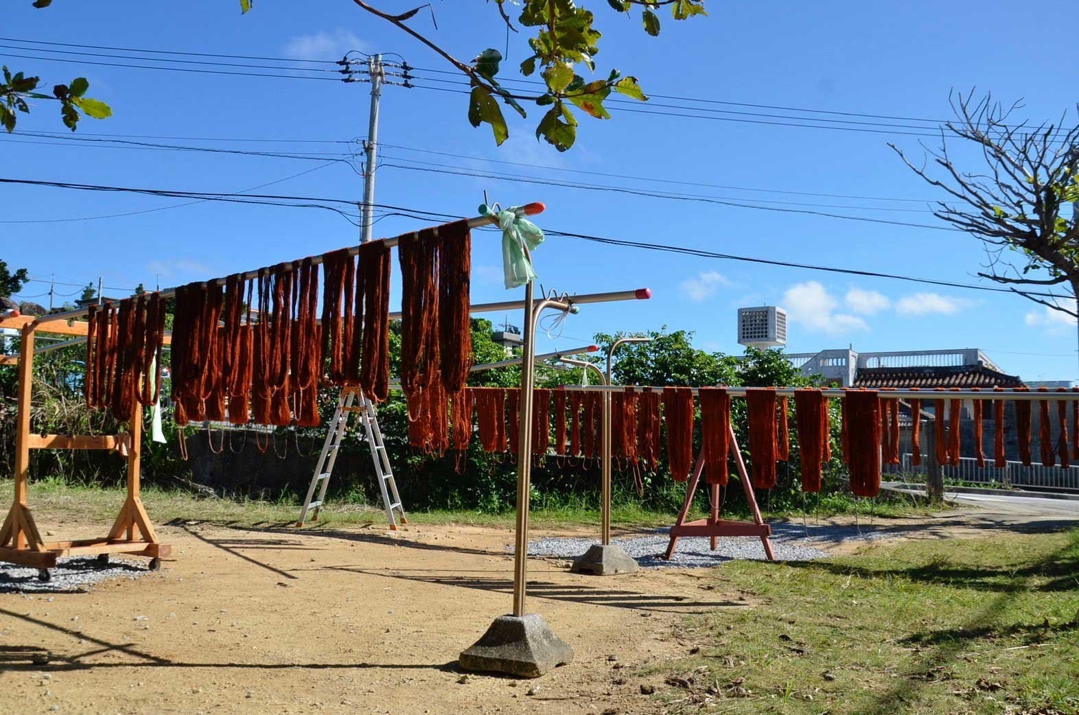 赤く染まった草木染めの工程