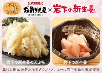 海鮮居酒屋『三代目網元 魚鮮水産』のグランドメニューに「岩下の新生姜の天ぷら」「岩下の新生姜」が登場！11月18日提供開始。