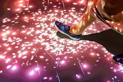 桜の絨毯の上を歩くと花びらが舞います。