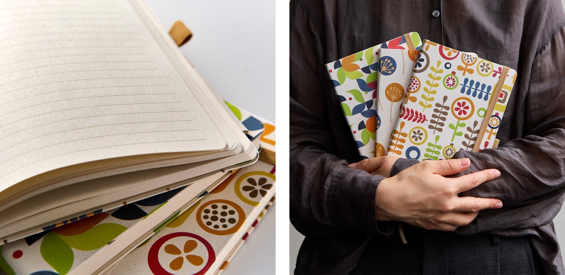 原料の素朴な風合いが残る紙と落ち着いたグリーンの罫線。 持っているだけで気持ちが明るくなりそうなノート。