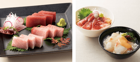 〈黒門市場 新魚栄〉近大マグロセット(左)、〈黒門市場 新魚栄〉近大マグロ漬け丼&近大鯛茶漬け(右)