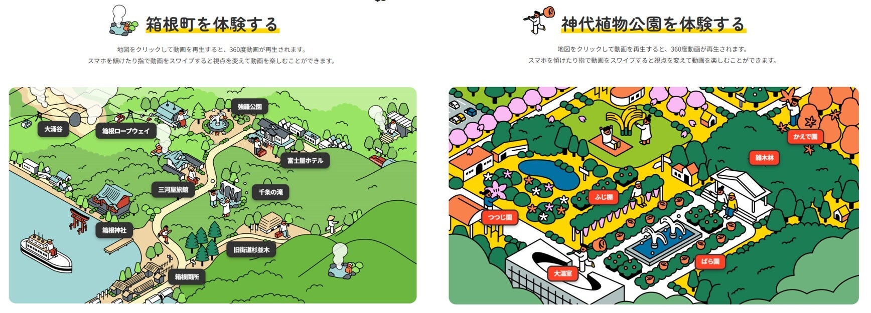 「バーチャル360」に掲載されている箱根町(左)と神代植物公園(右)
