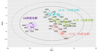図3 シアン化物（CN）非投与群（紫）およびCN投与群における血清試料の主成分分析（PCA）スコアプロット　赤はシアン化物の投与から15分後の群、緑は30分後の群、青は60分後の群を示す