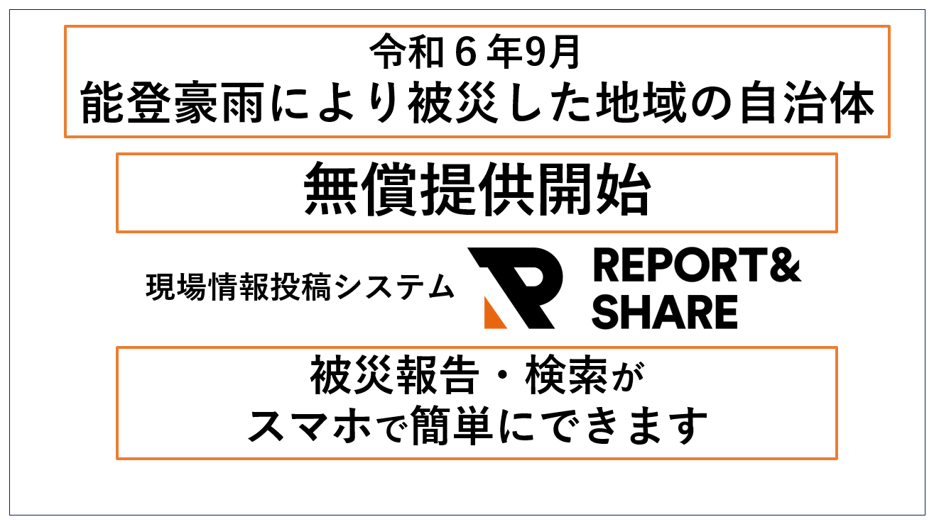 リアルグローブ、被害状況の報告を共有できる「現場情報投稿システム REPORT&SHARE(レポートアンドシェア)」を、令和6年9月能登豪雨災害にて被災した輪島市・珠洲市・能登町の提供を希望された自治体に無償提供いたします