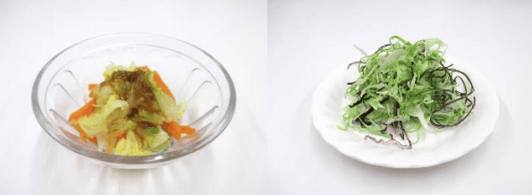 青梅ドレッシングの和え物(左)、紫キャベツの千切り(右)