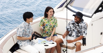 着用写真：左よりオニゴーリ柄・トロピウス柄・サメハダー柄