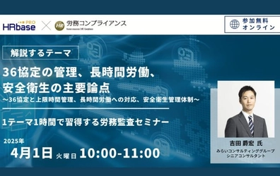 ～1テーマ1時間で習得する労務監査セミナー 社労士のための労務コンプライアンス調査～　【第4回】 36協定の管理、長時間労働、安全衛生の主要論点 ～36協定と上限時間管理、長時間労働への対応、安全衛生管理体制～