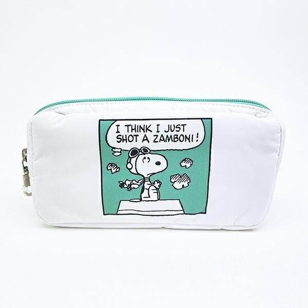 シンプルな背景にビビットカラーのコミック柄がおしゃれなスヌーピーのポーチ！オフィスでも使えるメイクポーチにおすすめです！