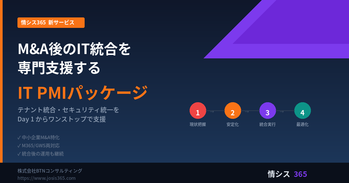 M&A後のIT統合を専門支援する「IT PMIパッケージ」を提供開始 ― 中小企業のM&Aにおけるテナント統合・セキュリティ統一をDay 1からワンストップで支援