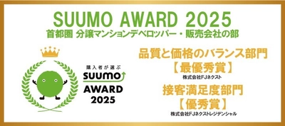～新築マンション購入者が選んだ 顧客満足度ランキング～　 「SUUMO AWARD」2025年首都圏　 「品質と価格のバランス部門」で3年連続最優秀賞受賞