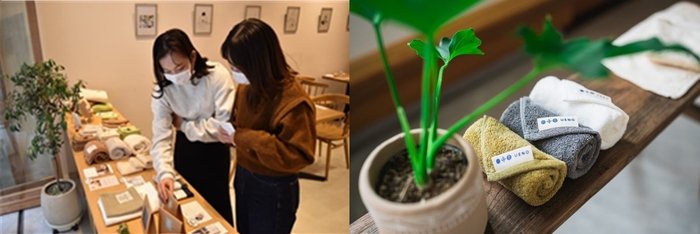 以前に実施したポップアップストアの様子(左)、学生がセレクトした泉州タオル(右)