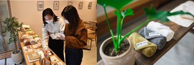 以前に実施したポップアップストアの様子（左）、学生がセレクトした泉州タオル（右）