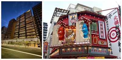 (左：ホテルの外観／右：新世界エリアに点在するド派手な看板の1つ)