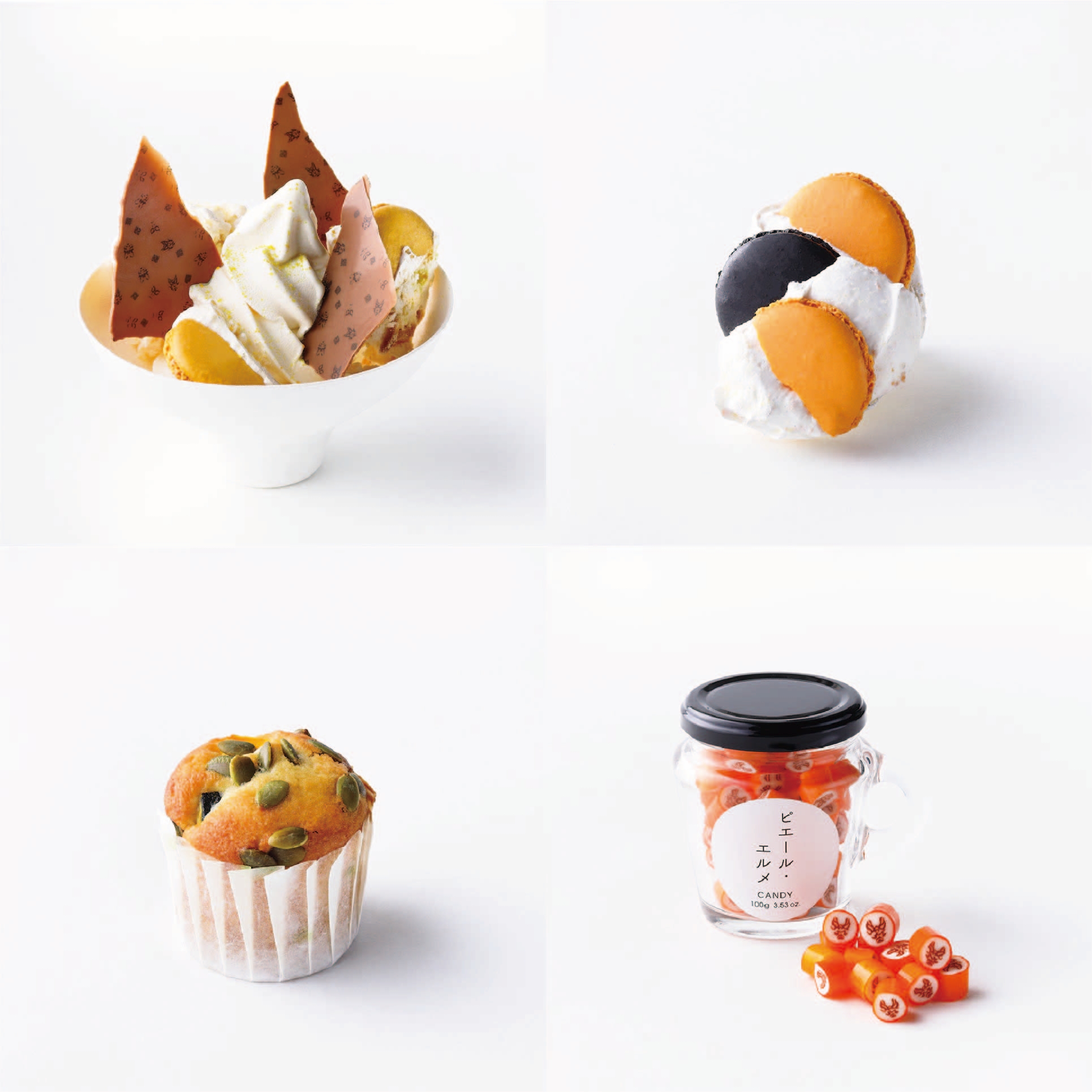 ハロウィンバニラソフトクリーム(880円/864円)※10/3より販売予定 / オレンジのメレンゲ(330円/324円) / パンプキンのマフィン(385 円/378 円) / キャンディ 隈取り 1,188円 ※価格は税込み(イートイン/テイクアウト)
