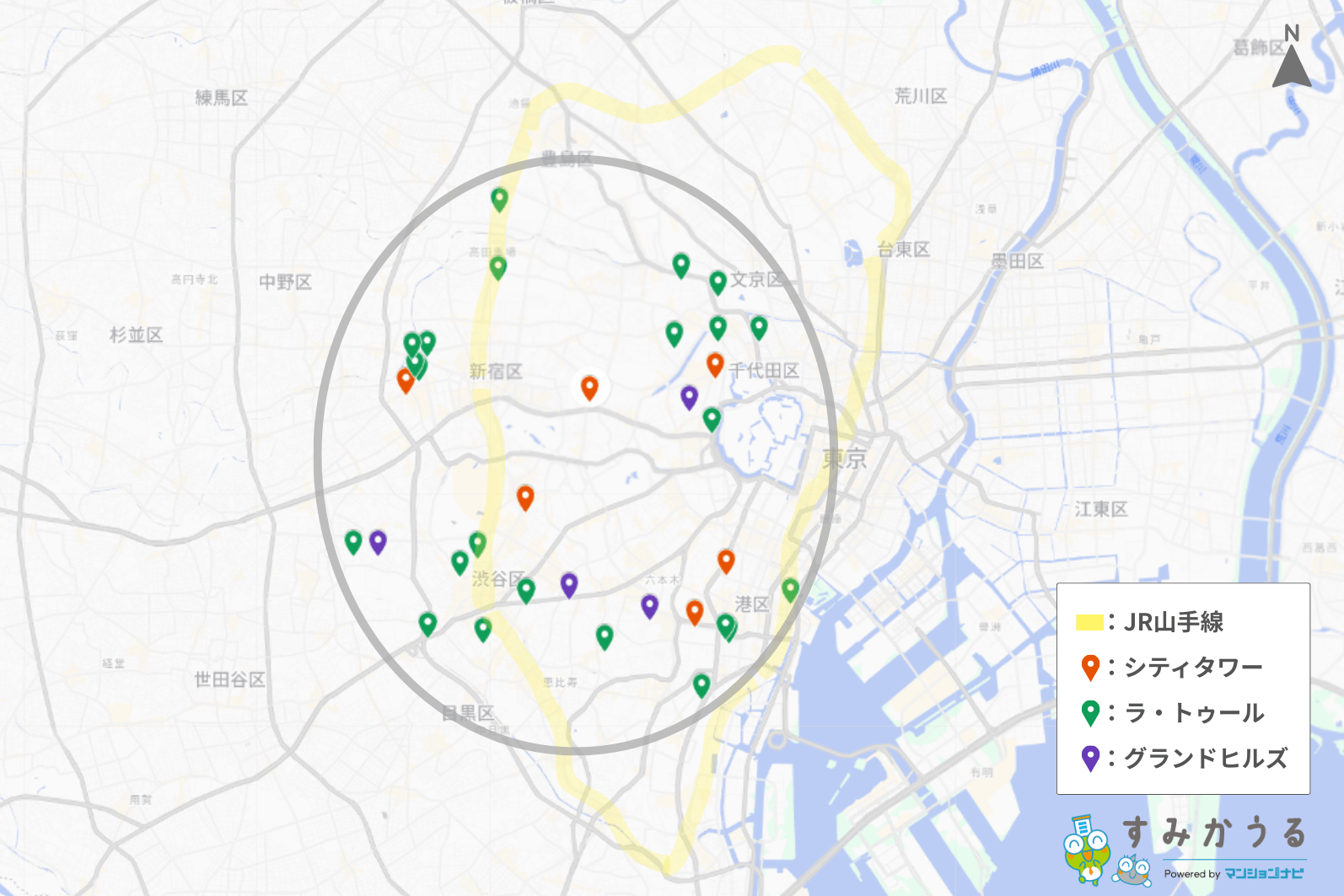 画像1:東京都心部におけるラ・トゥール、シティタワー、グランドヒルズの所在をプロットし、JR山手線を目安として同心円状のエリア構造を示した地図(マンションナビ)