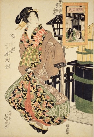 更紗の着物（寝衣）を着た遊女。  渓斎英泉『浮世姿吉原大全 仲の町へ客を送る寝衣姿』（国立国会図書館）