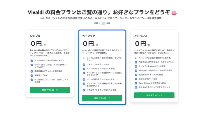 Vivaldiの料金プラン