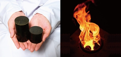 バイオコークス（左）と燃焼の様子（右）