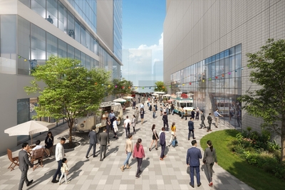 【コミュニティ・プロムナードの完成イメージ】　※画像は計画段階の完成イメージです（左がマクニカ新社屋、右が新横浜プリンスホテル）