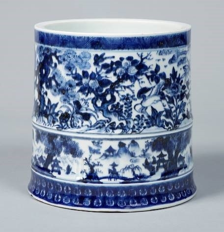 染付花鳥山水文水指 鹿背山焼