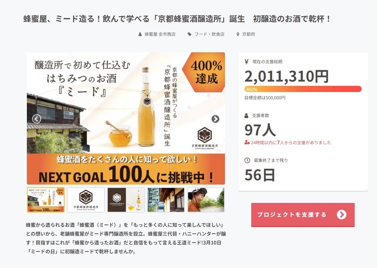 クラファン開始21分で目標金額100%達成!! 「京都蜂蜜酒醸造所」初醸造・ハニーハンターが国産蜂蜜で醸す蜂蜜酒「The MEAD(ザ・ミード)」