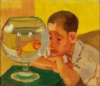 小林徳三郎《金魚を見る子供》1928年 東京国立近代美術館