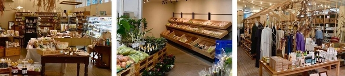 店内写真左から、Slow food_YAMAGA、里の駅やまが、Slow Town.