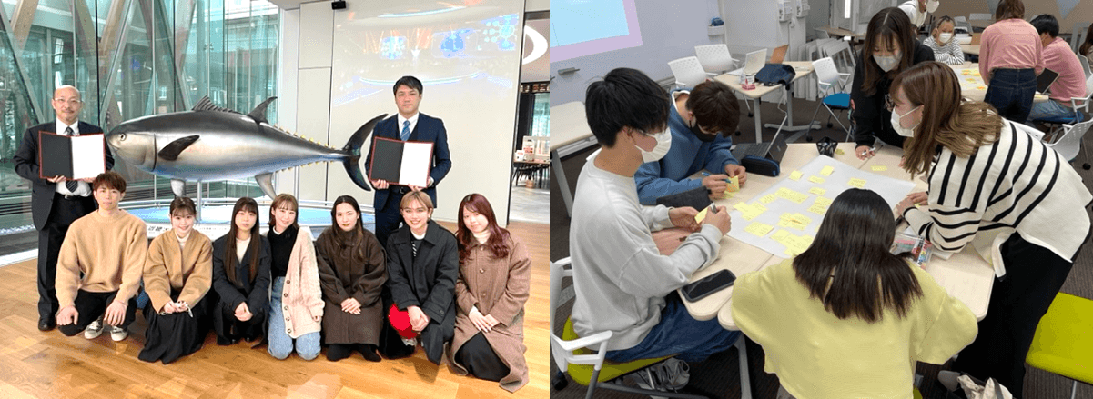 共同研究契約締結式での記念撮影(左)、学生のミーティング風景(右)