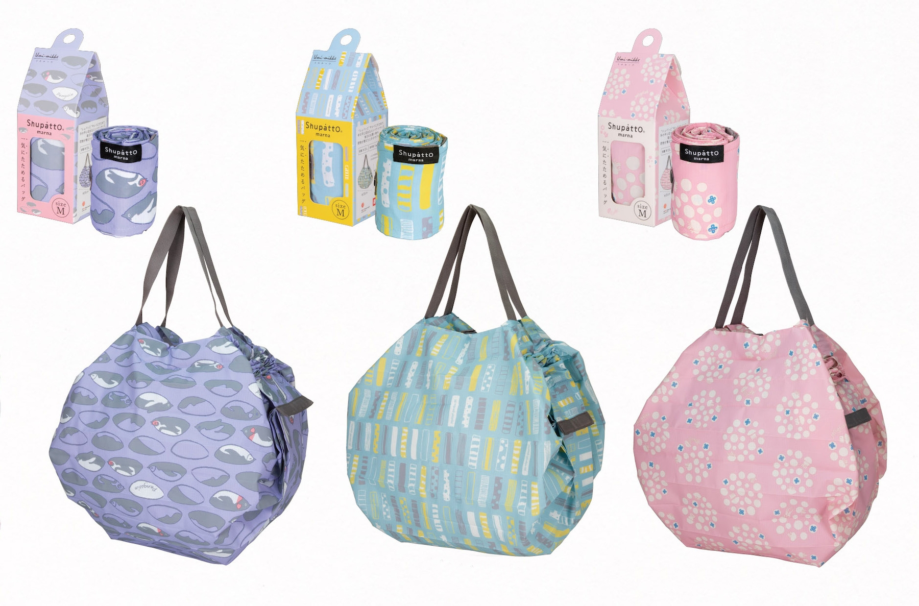 ペンギンやクラゲを描いた北欧風のデザイン「umi-mikke (うみみっけ)」と、一気にたためるショッピングバッグ「Shupatto(シュパット)」がコラボレーション!