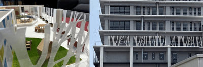 「フェンスの森」イメージ模型（左）、設置イメージ（右）