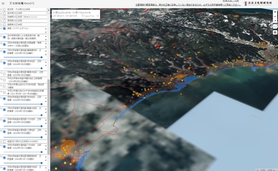 画像１　石川県珠洲市沿岸部にて、文化財（黄色い点とオレンジ）・津波範囲（青）・斜面崩壊箇所（赤）を表示