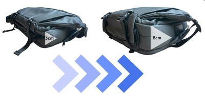 バッグ底部のベルトを調整することで、メインポケットを伸縮させることができます。