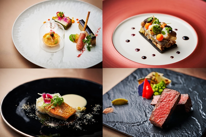 左上:前菜三種 右上:ニョッキのグラタン ガレット風 左下:金目鯛のポワレ 右下:鳥取県産黒毛和牛の炭火焼ステーキ