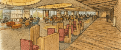 研究実験棟Ⅳ 1階の学生ホールに、コメダ珈琲店で使用されるソファと谷田研究室が考案したスリット家具を組み合わせた「次世代のくつろぎ空間」のイメージ