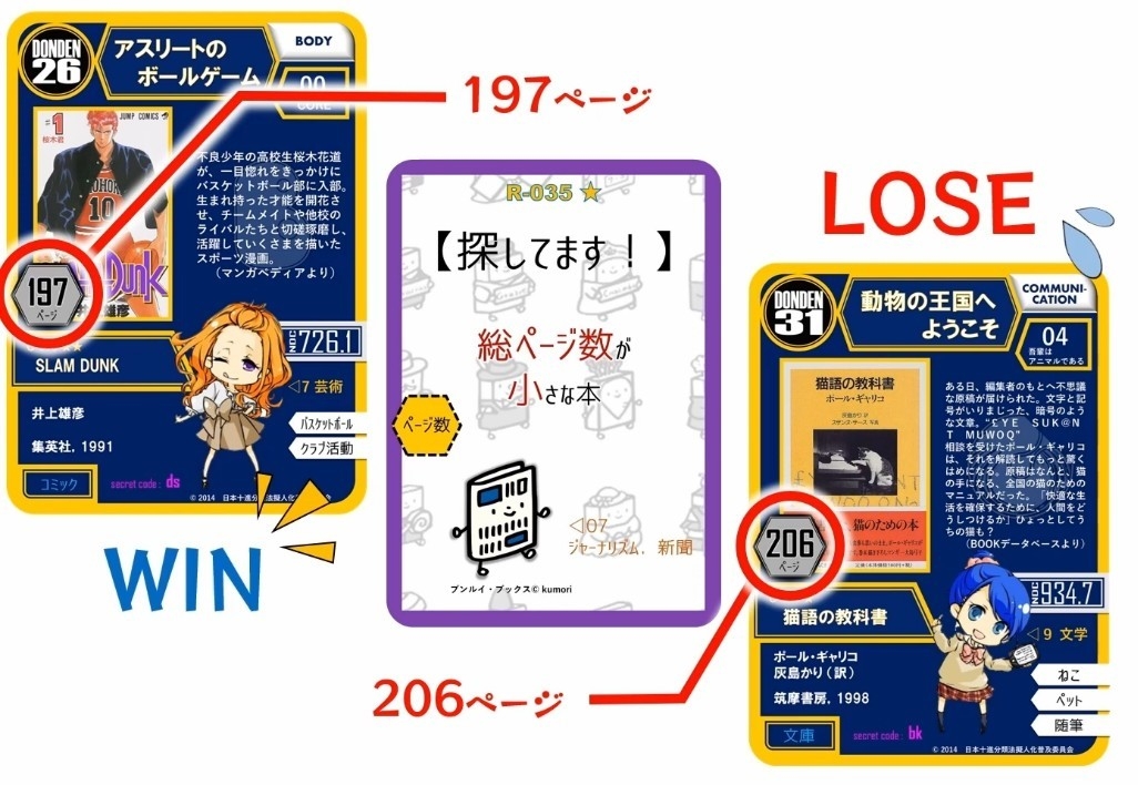 お題が書かれた資料請求カード(中央)と、対戦する2枚のトレカ(左右)