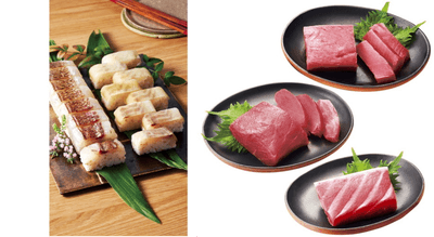 近大真鯛棒寿司（左）、近大マグロ短冊セット（右）