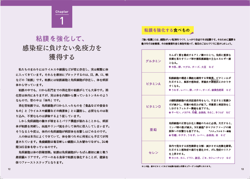 4つのチャプターごとに免疫力をあげるための栄養素や知識などのコラムも