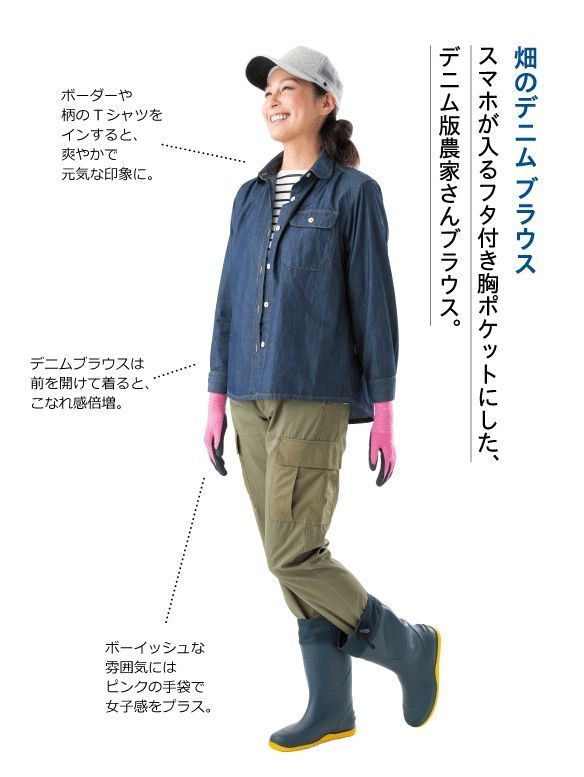 “畑のデニム ブラウス”を着用したコーデ