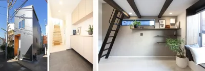 半地下から屋上までを活かした8坪（約26m²）の二世帯住宅。外観、土間の共有玄関と足元を浮かせた造作シューズボックス、リビング上部のロフト