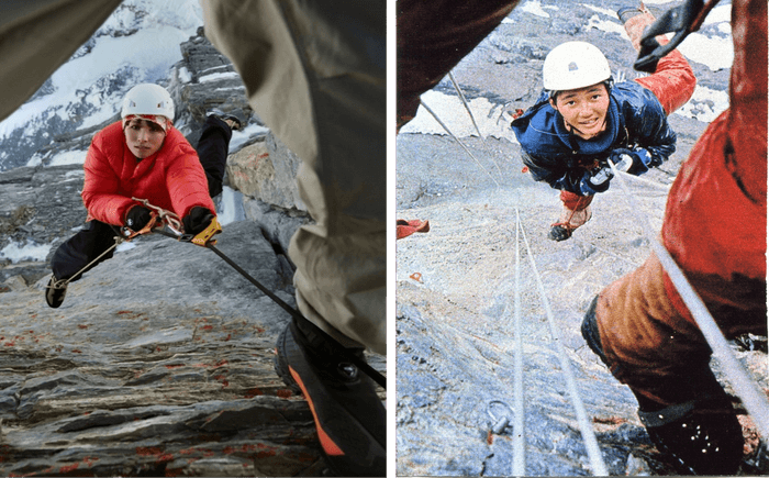 アイガー北壁:マムートアスリート小林由佳が再現した2025年(左)と、1969年に今井美智子がディレティッシマルートで登攀した際のオリジナル画像(右) – (写真クレジット左:マムートスポーツグループ、右:加藤武夫コレクション - All Rights Reserved)