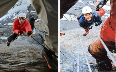アイガー北壁：マムートアスリート小林由佳が再現した2025年（左）と、1969年に今井美智子がディレティッシマルートで登攀した際のオリジナル画像（右） – （写真クレジット左：マムートスポーツグループ、右：加藤武夫コレクション - All Rights Reserved）