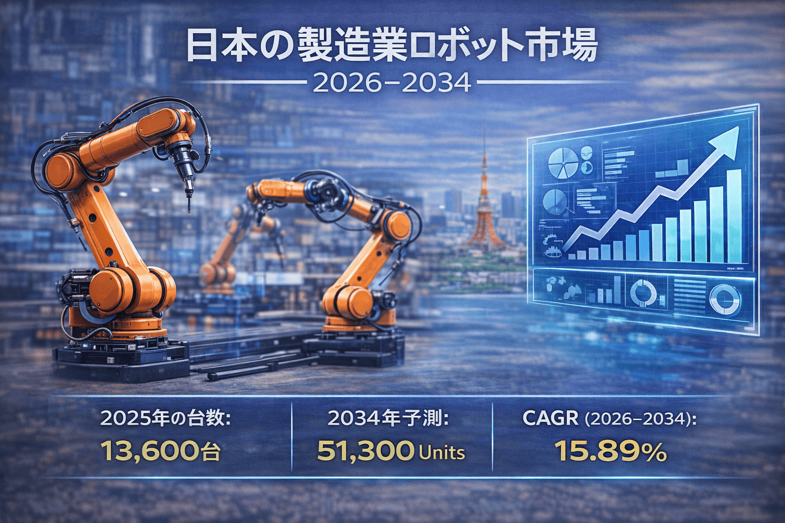 日本の産業用ロボット市場規模は2034年までに5万1,300台に達し、2026年から2034年にかけて年平均成長率（CAGR）15.89％を記録する見込み