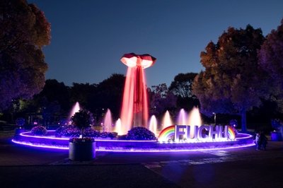 モニュメント噴水とサンパチェンスの水中花壇（ライトアップの様子）