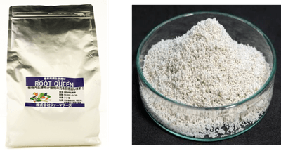 製品外観（チャック付きアルミパウチ）　　製品中身（パーライトに植物内生酵母を担持）